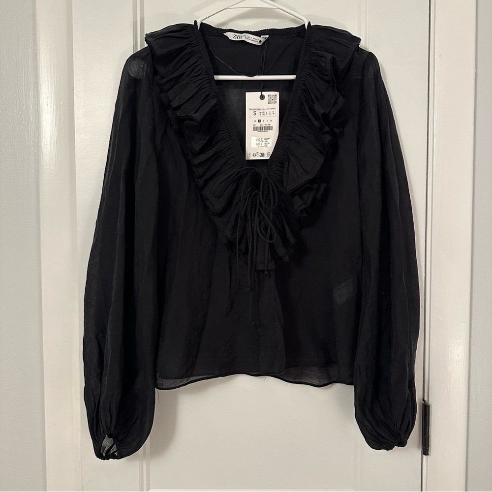 Zara Womens Sheer Black Ruffle Top with Tie - Size S - NWT ✨